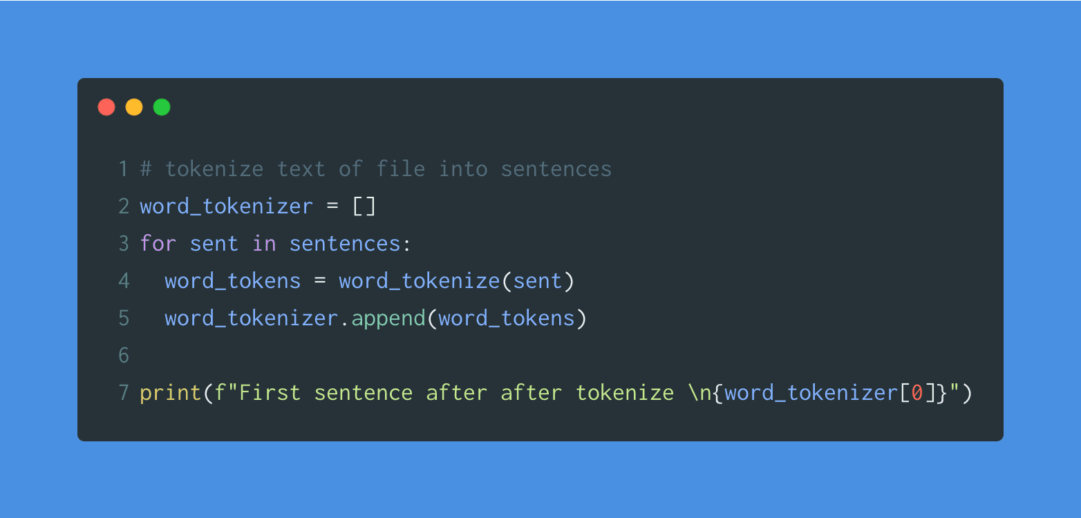 apply word tokenization on sentences